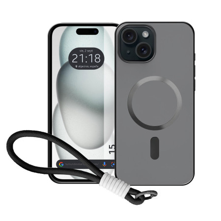Funda Magnética para Iphone 15 (6.1) Compatible con MagSafe, Borde Negro y Correa