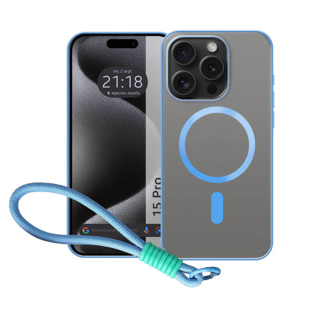 Funda Magnética para Iphone 15 Pro (6.1) Compatible con MagSafe, Borde Azul y Correa