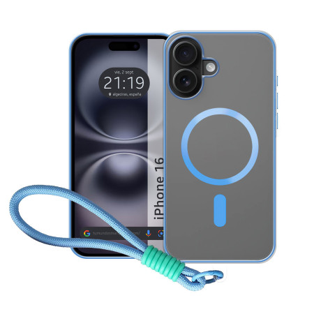 Funda Magnética para Iphone 16 (6.1) Compatible con MagSafe, Borde Azul y Correa