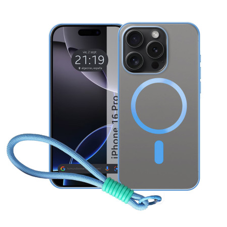 Funda Magnética para Iphone 16 Pro (6.3) Compatible con MagSafe, Borde Azul y Correa