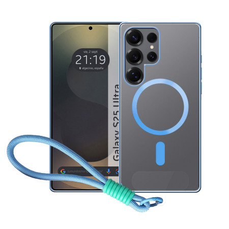 Funda Magnética para Samsung Galaxy S25 Ultra 5G Compatible con MagSafe, Borde Azul y Correa