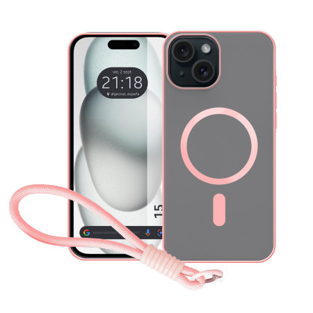 Funda Magnética para Iphone 15 (6.1) Compatible con MagSafe, Borde Rosa y Correa