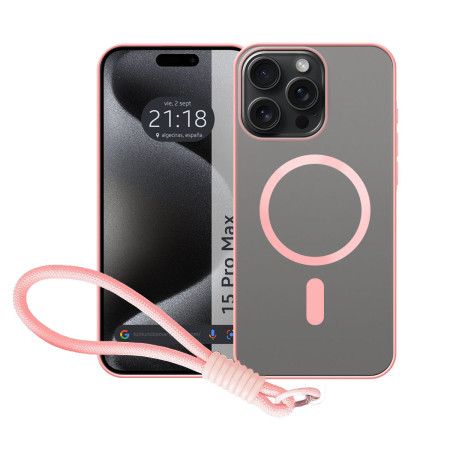 Funda Magnética para Iphone 15 Pro Max (6.7) Compatible con MagSafe, Borde Rosa y Correa