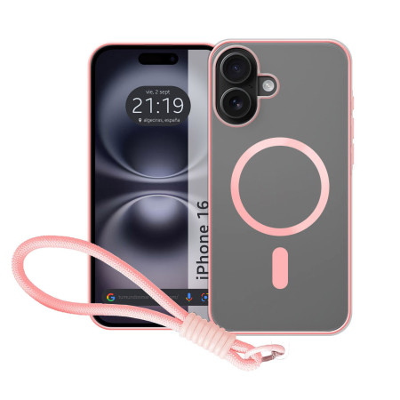 Funda Magnética para Iphone 16 (6.1) Compatible con MagSafe, Borde Rosa y Correa