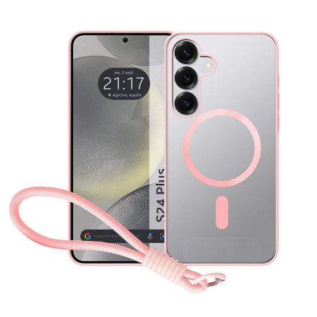 Funda Magnética para Samsung Galaxy S24+ Plus 5G Compatible con MagSafe, Borde Rosa y Correa