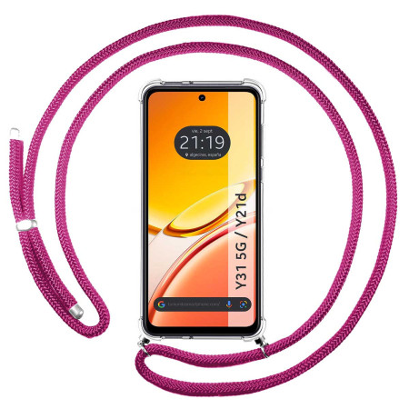 Funda Colgante Transparente para Vivo Y31 5G / Y21d con Cordon Rosa Fucsia