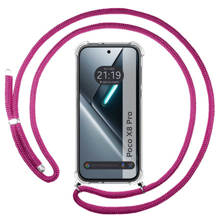 Funda Colgante Transparente para Xiaomi Poco X8 Pro 5G con Cordon Rosa Fucsia