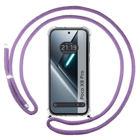 Funda Colgante Transparente para Xiaomi Poco X8 Pro 5G con Cordon Morado