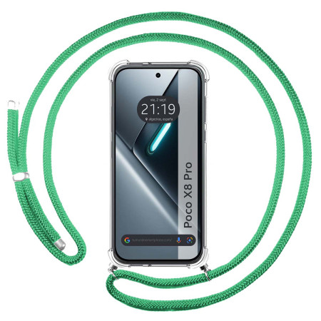 Funda Colgante Transparente para Xiaomi Poco X8 Pro 5G con Cordon Verde Agua