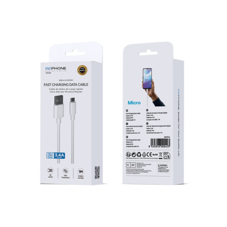 Cable de Carga y Datos Wephone WD26 – USB-A a Micro USB (1 m) con Carga Rápida 3.4A Blanco