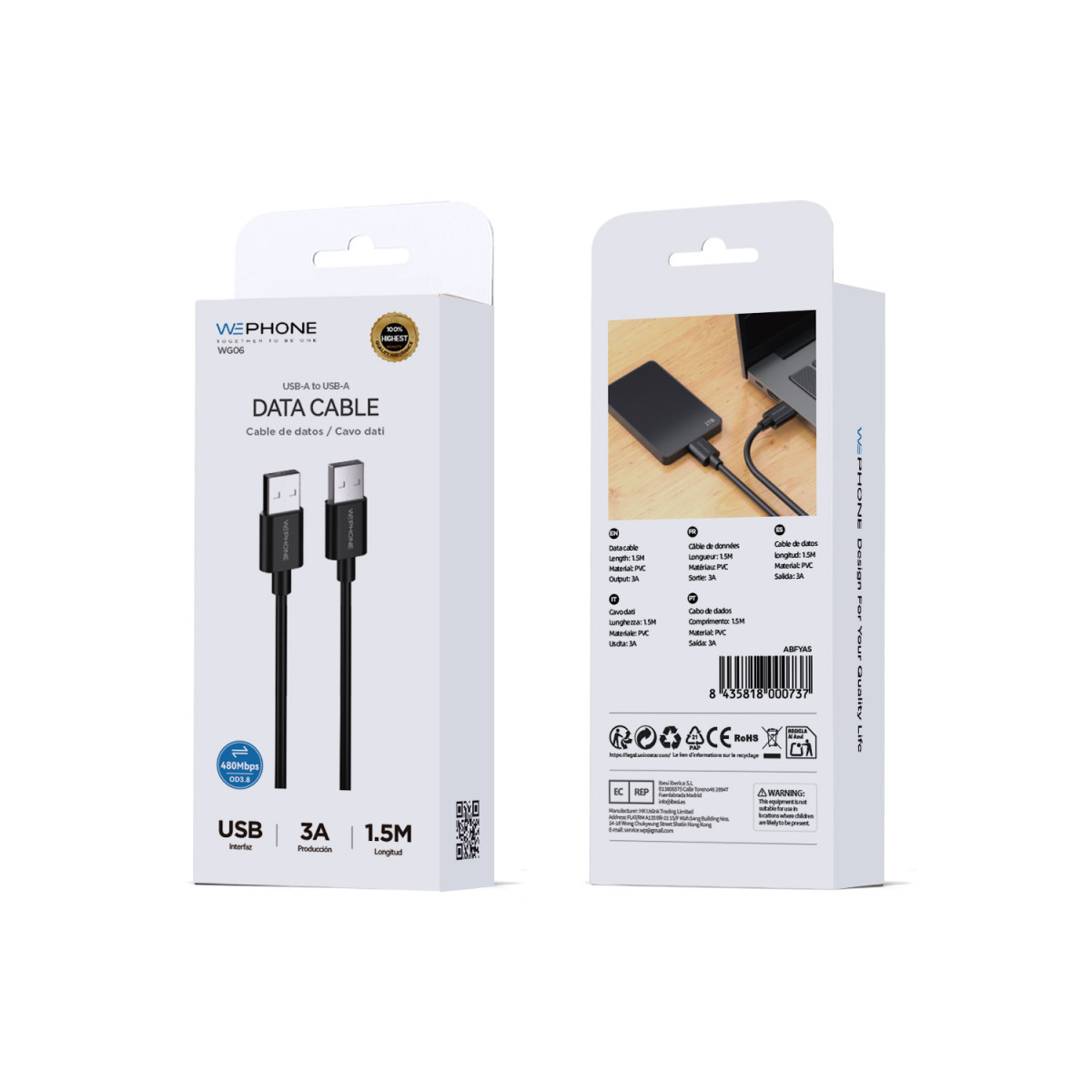 Cable de Datos Wephone WG07 USB-A a USB-A – 3A...