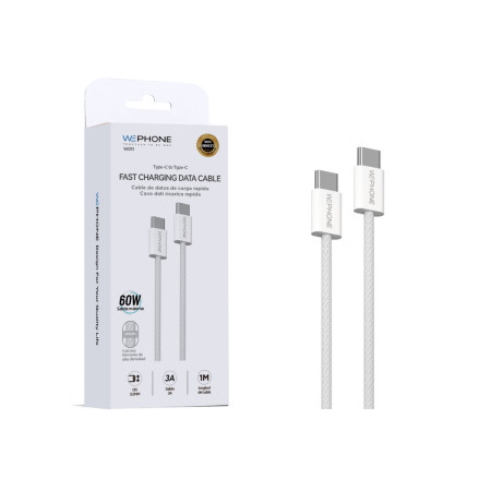 Cable de Carga Rápida Wephone WD11 USB-C a USB-C – 60W / 1 Metro Blanco Trenzado
