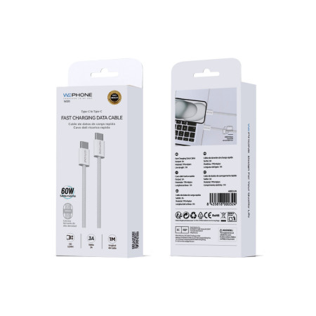 Cable de Carga Rápida Wephone WD11 USB-C a USB-C – 60W / 1 Metro Blanco Trenzado