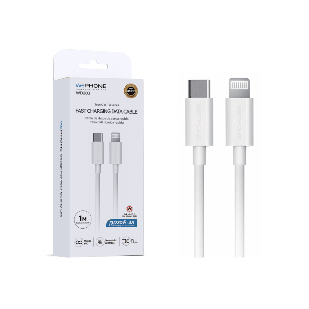 Cable de Carga Rápida y Datos Wephone WD203 – USB-C a Serie IPX,PD 30W / 3A,1 Metro,Blanco