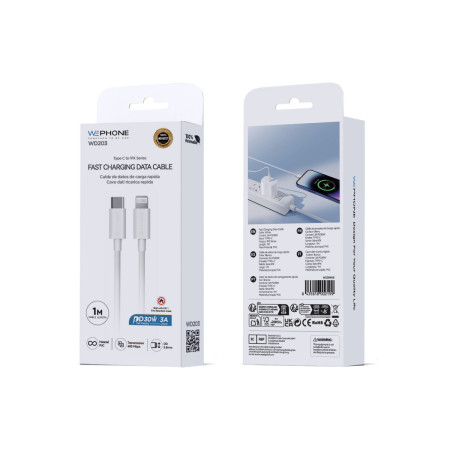 Cable de Carga Rápida y Datos Wephone WD203 – USB-C a Serie IPX,PD 30W / 3A,1 Metro,Blanco