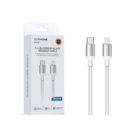 Cable de Carga y Datos Wephone WD33 – USB-C a Lightning (1 m) Trenzado Reforzado PD 30W Blanco