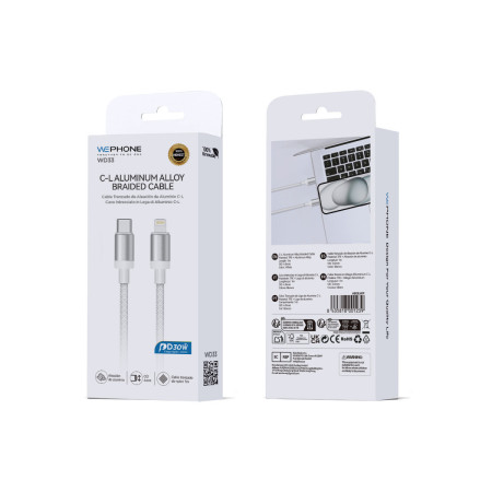 Cable de Carga y Datos Wephone WD33 – USB-C a Lightning (1 m) Trenzado Reforzado PD 30W Blanco