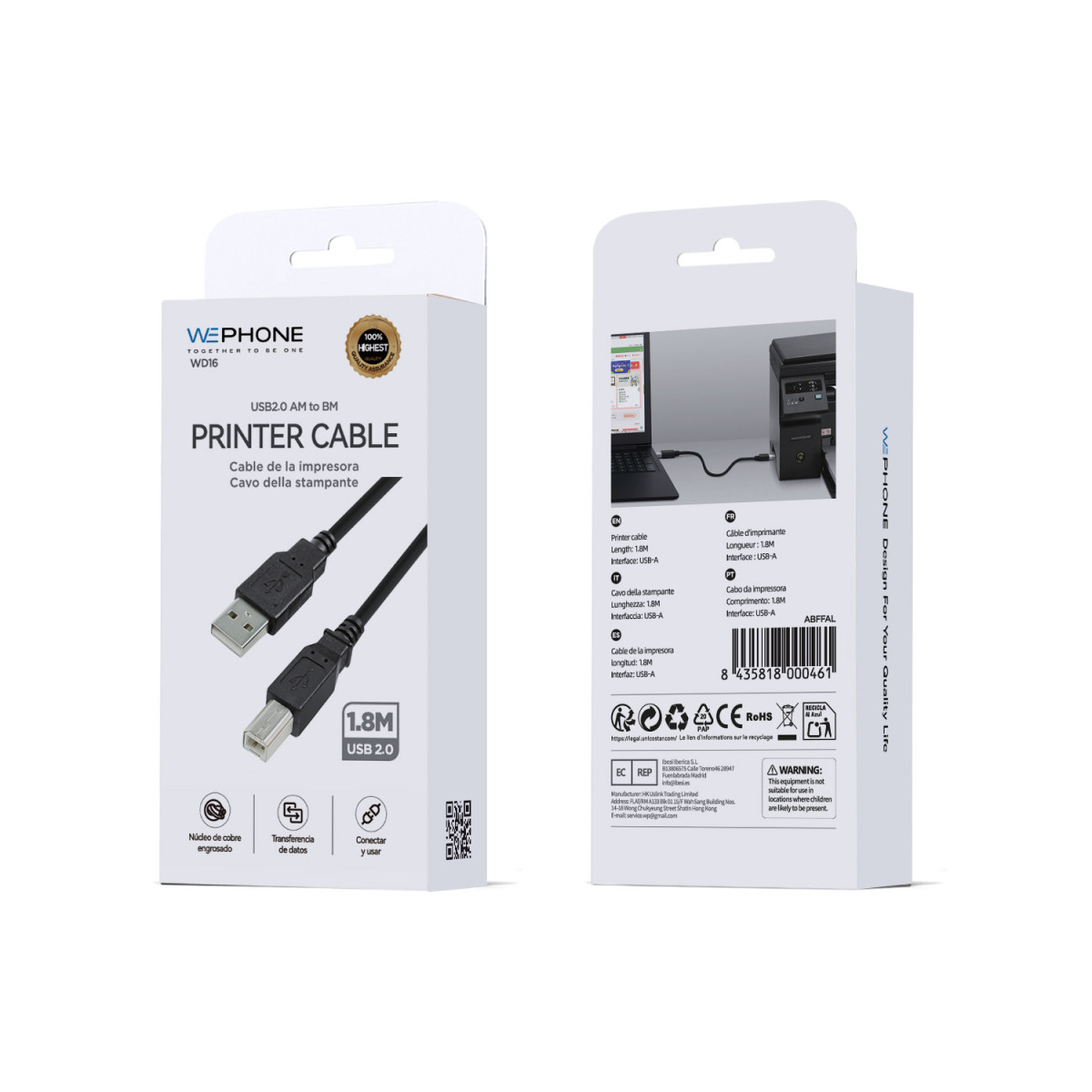 Cable de Impresora Wephone WD16 USB-A a USB-B –...