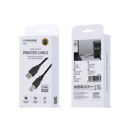 Cable de Impresora Wephone WD16 USB-A a USB-B – 1.8 Metros Negro