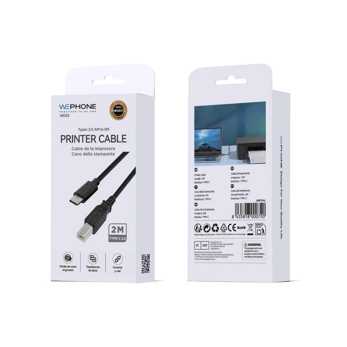 Cable de Impresora Wephone WD23 USB-C a USB-B –...