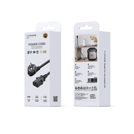 Cable de Alimentación Europeo Wephone WD21 – Schuko Tipo F a IEC C13 (1.5 m) con Enchufe Reforzado