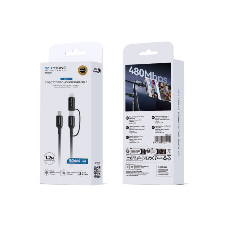 Cable de Carga y Datos Wephone WD31 2-en-1 – USB-C a USB-C + Lightning (1.2 m) Trenzado PD 60W / 3A