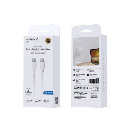 Cable de Carga Rápida Wephone WD06 USB-C a USB-C – PD 60W / 2 Metros Blanco