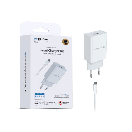 kit Cargador de Pared Wephone WA02 USB-A 12W + Cable USB-C 1m Blanco