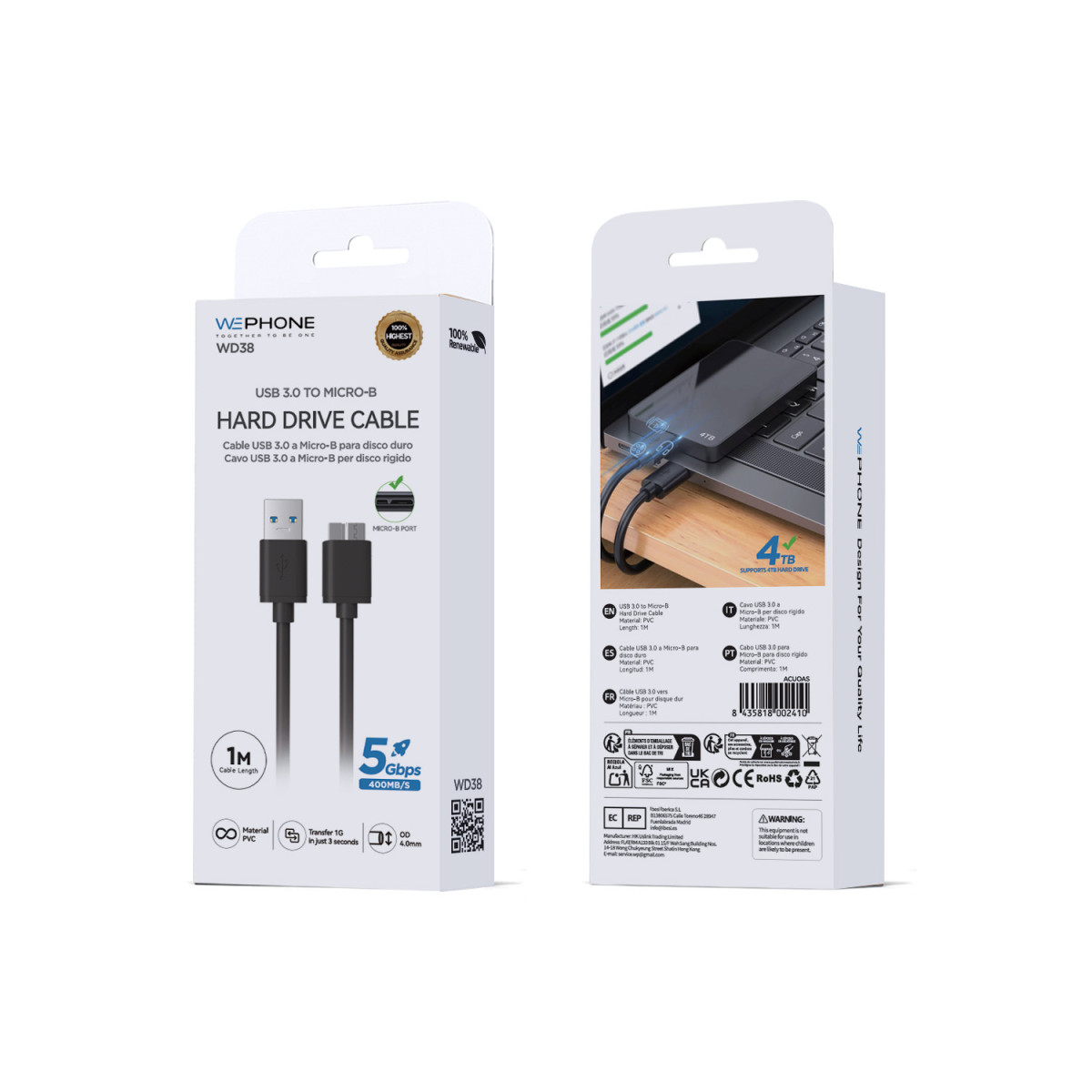 Cable USB 3.0 a Micro-B Wephone WD38 para Disco...