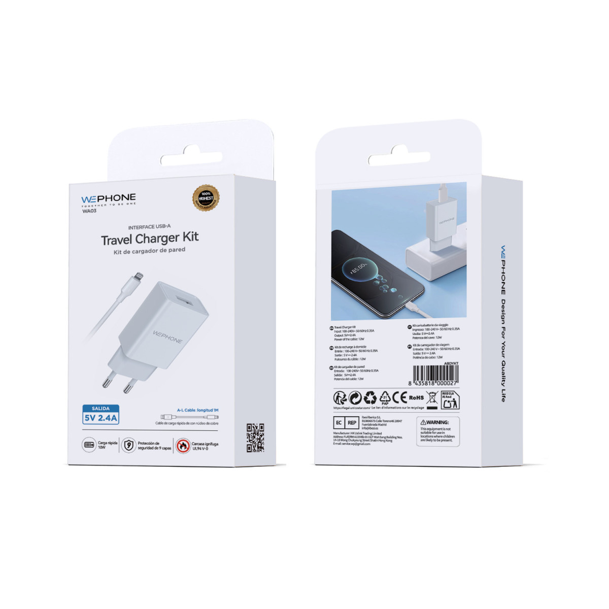 kit Cargador de Pared Wephone WA03 USB-A 12W +...