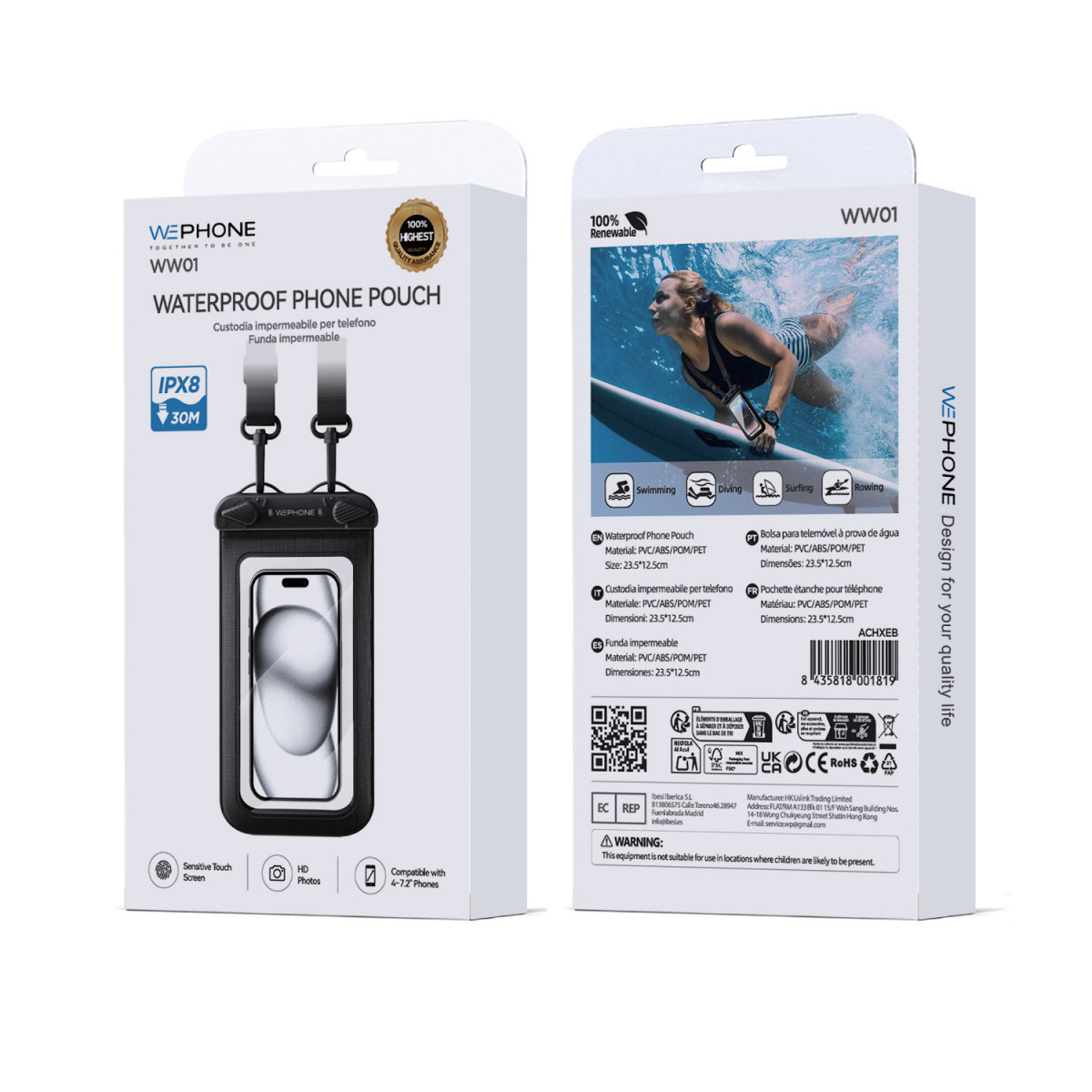 Funda Impermeable Acuática Universal WW01 - Certificación IPX8 sumergible 30m – Color Negro