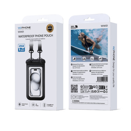 Funda Impermeable Acuática Universal WW01 - Certificación IPX8 sumergible 30m – Color Negro