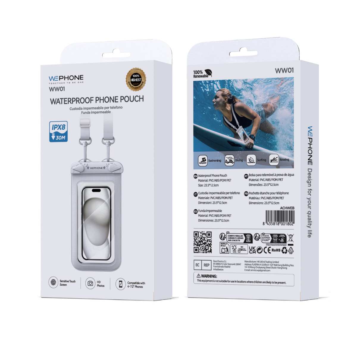 Funda Impermeable Acuática Universal WW01 - Certificación IPX8 sumergible 30m – Color Blanco