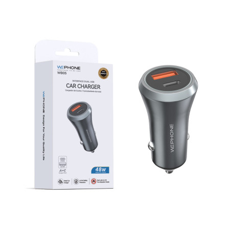 Cargador de Coche Metálico Wephone WB05 48W – Dual USB (PD 30W + QC 18W) con Protección Ignífuga UL-V0