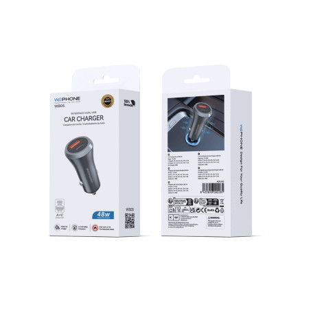 Cargador de Coche Metálico Wephone WB05 48W – Dual USB (PD 30W + QC 18W) con Protección Ignífuga UL-V0