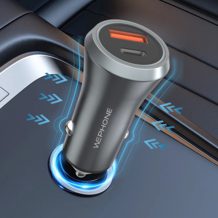 Cargador de Coche Metálico Wephone WB05 48W – Dual USB (PD 30W + QC 18W) con Protección Ignífuga UL-V0