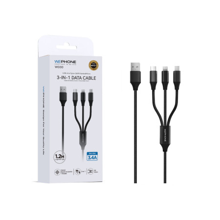 Cable de Carga y Datos Wephone WD30 3-en-1 – USB-A a Type-C / Lightning / Micro USB (1.2 m) Trenzado 3.4A