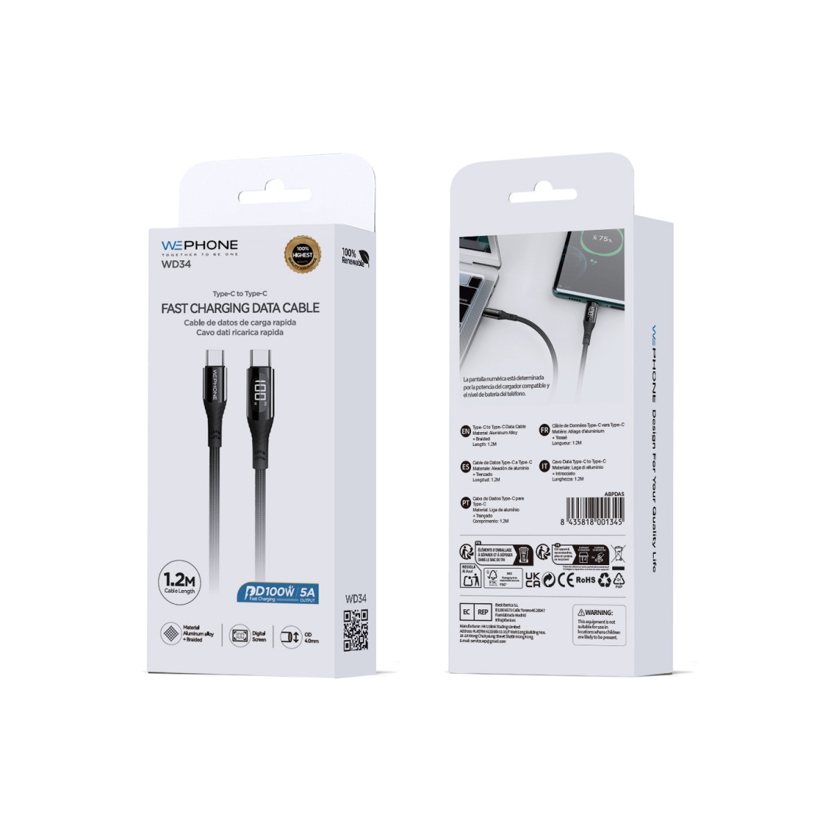 Cable de Carga y Datos Wephone WD34 – USB-C a...