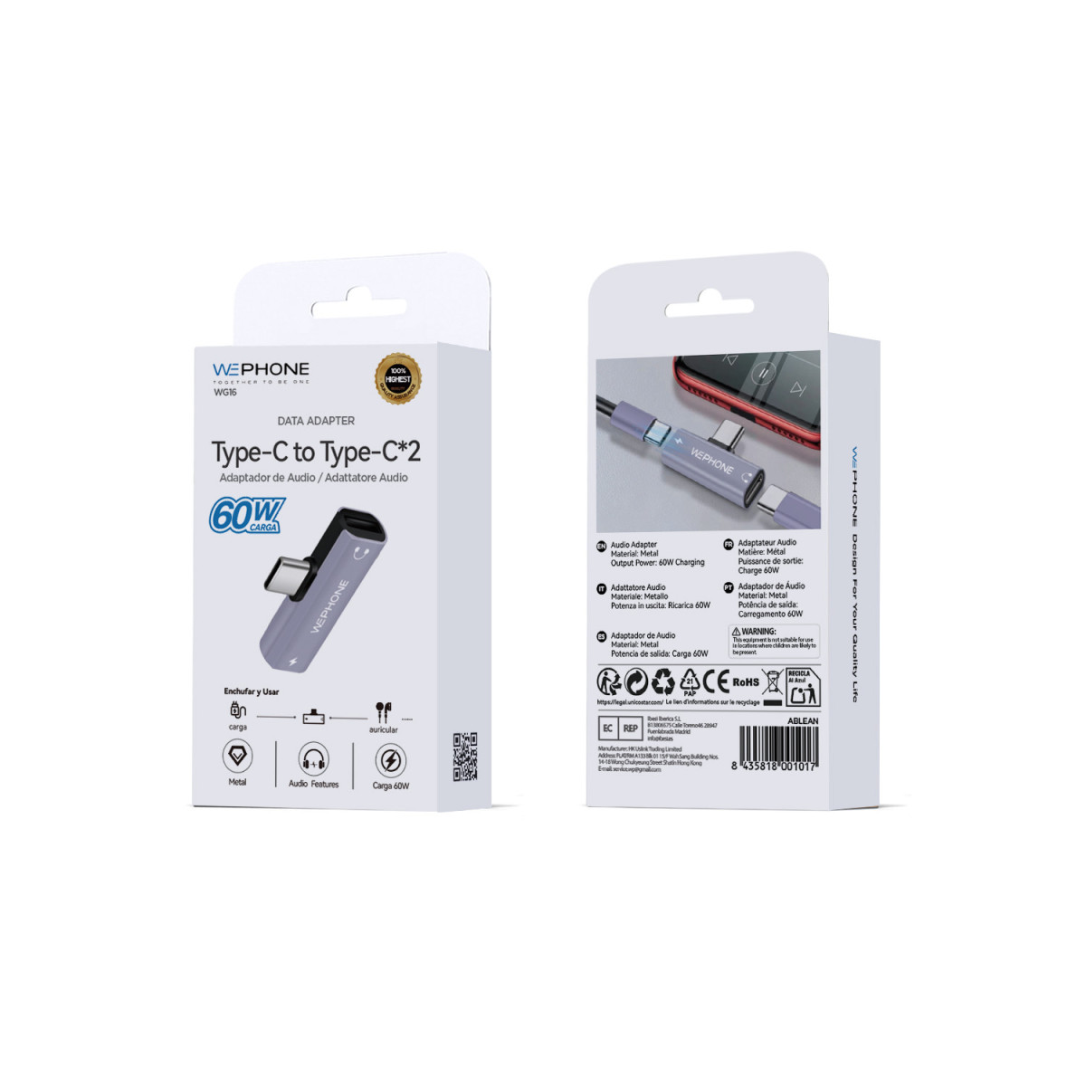 Adaptador Divisor Wephone WG16 – USB-C a Doble...