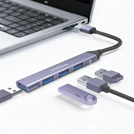 Adaptador Hub Wephone WG25 4 en 1 USB-A – (1x USB 3.0 5Gbps + 3x USB 2.0),Cuerpo de Aluminio y Cable Trenzado