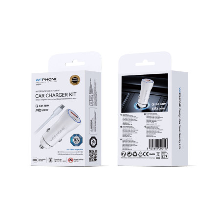 Kit Cargador de Coche Wephone WB02 Dual 38W + Cable USB-C a USB-C 1m Blanco