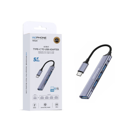 Adaptador Hub Wephone WG24 4 en 1 USB-C – 4 USB (1x USB 3.0 5Gbps + 3x USB 2.0),Aluminio y Cable Trenzado