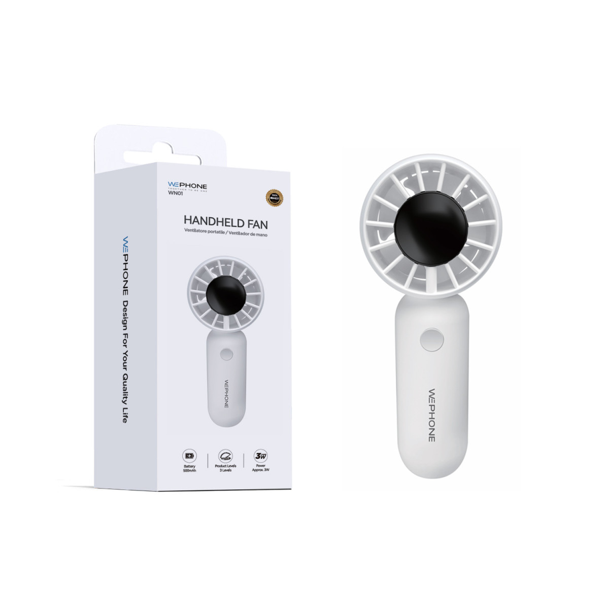 Mini Ventilador de Mano Portátil Wephone WN01 – Blanco con 3 Niveles,Batería de 500mAh y Ultra Ligero (71g)