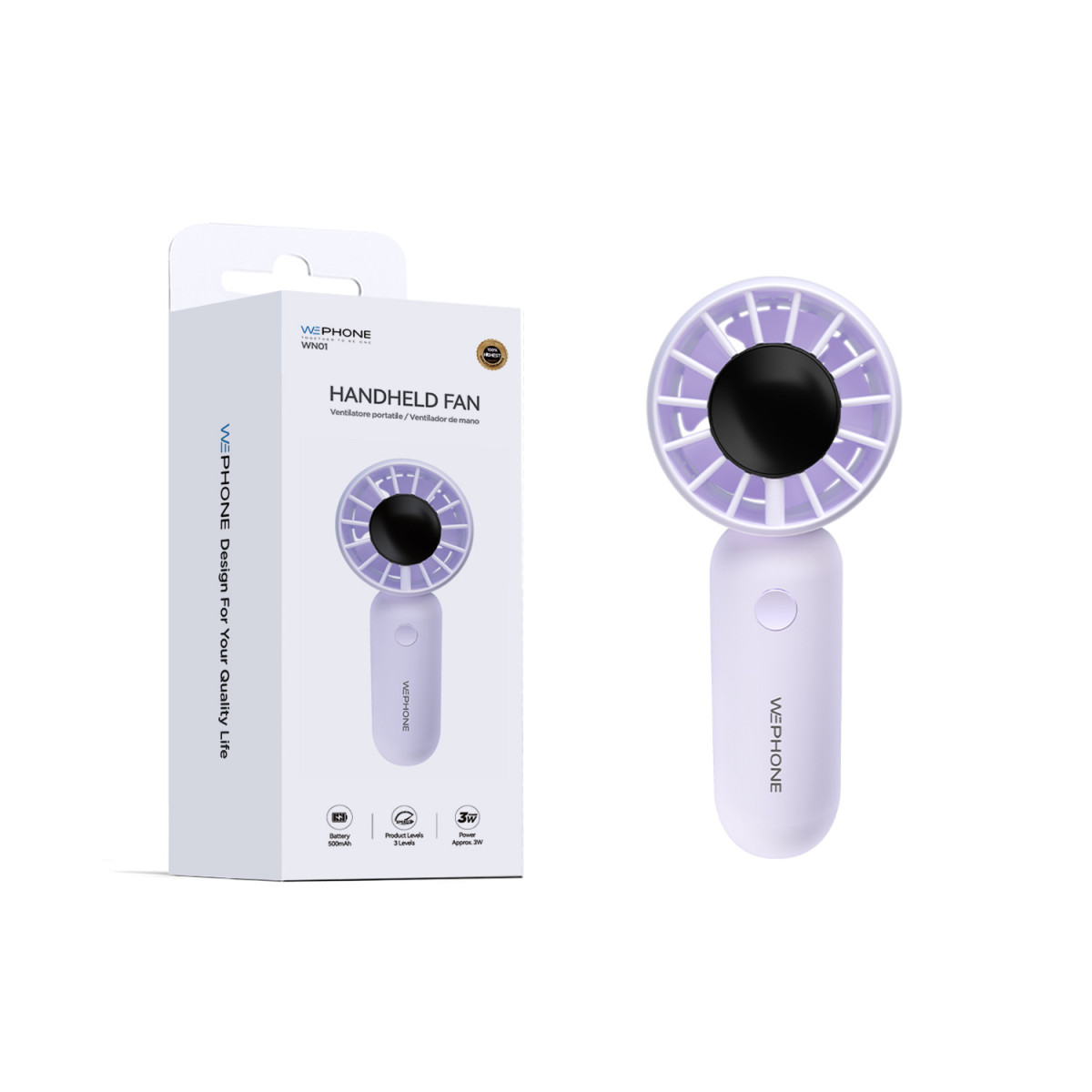 Mini Ventilador de Mano Portátil Wephone WN01 – Morado con 3 Niveles,Batería de 500mAh y Ultra Ligero (71g)