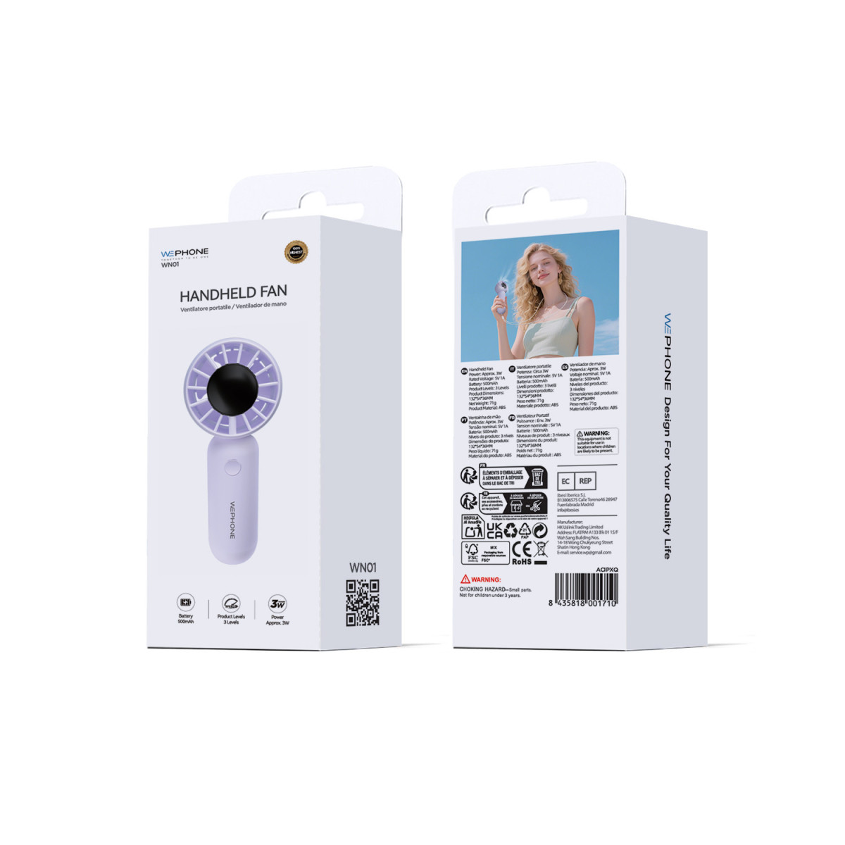 Mini Ventilador de Mano Portátil Wephone WN01 – Morado con 3 Niveles,Batería de 500mAh y Ultra Ligero (71g)