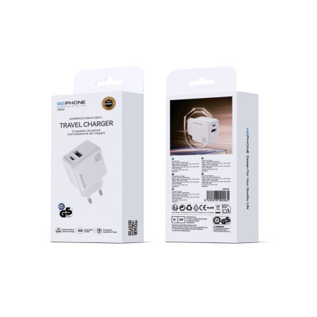 Cargador de Pared Wephone WA07 GaN 20W Dual – USB-C PD + USB-A Blanco