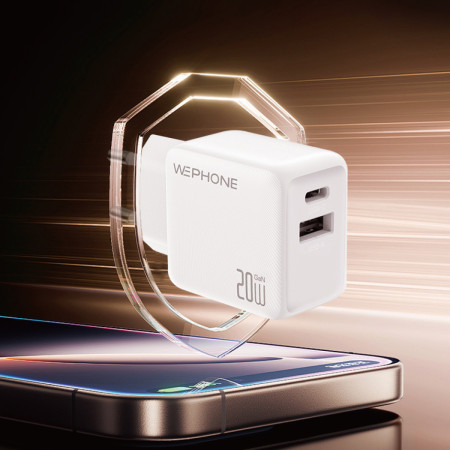 Cargador de Pared Wephone WA07 GaN 20W Dual – USB-C PD + USB-A Blanco