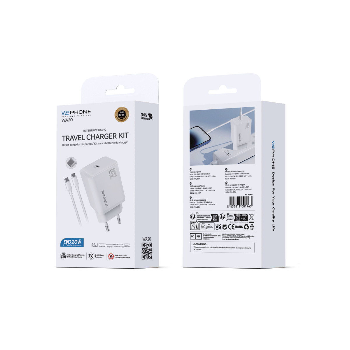 Cargador de 20W + Cable USB-C a USB-C (1m) - WA20