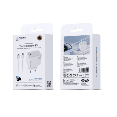 Kit Cargador de Pared Wephone WA05 GaN USB-C 20W + Cable USB-C a USB-C 1m Blanco