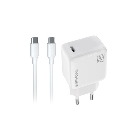 Kit Cargador de Pared Wephone WA05 GaN USB-C 20W + Cable USB-C a USB-C 1m Blanco